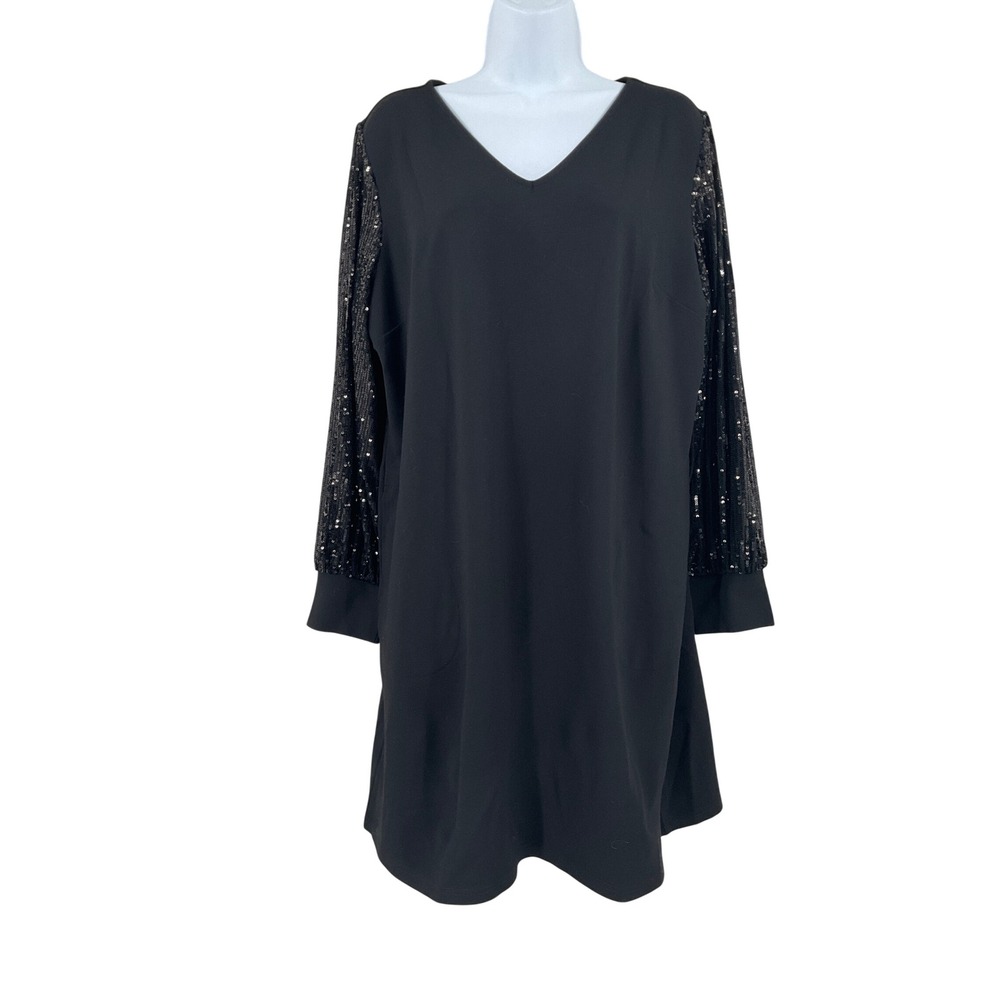Kim Gravel Black Sequin Sleeves V-Neck Shift Dress Sz L Petite Party Cocktail